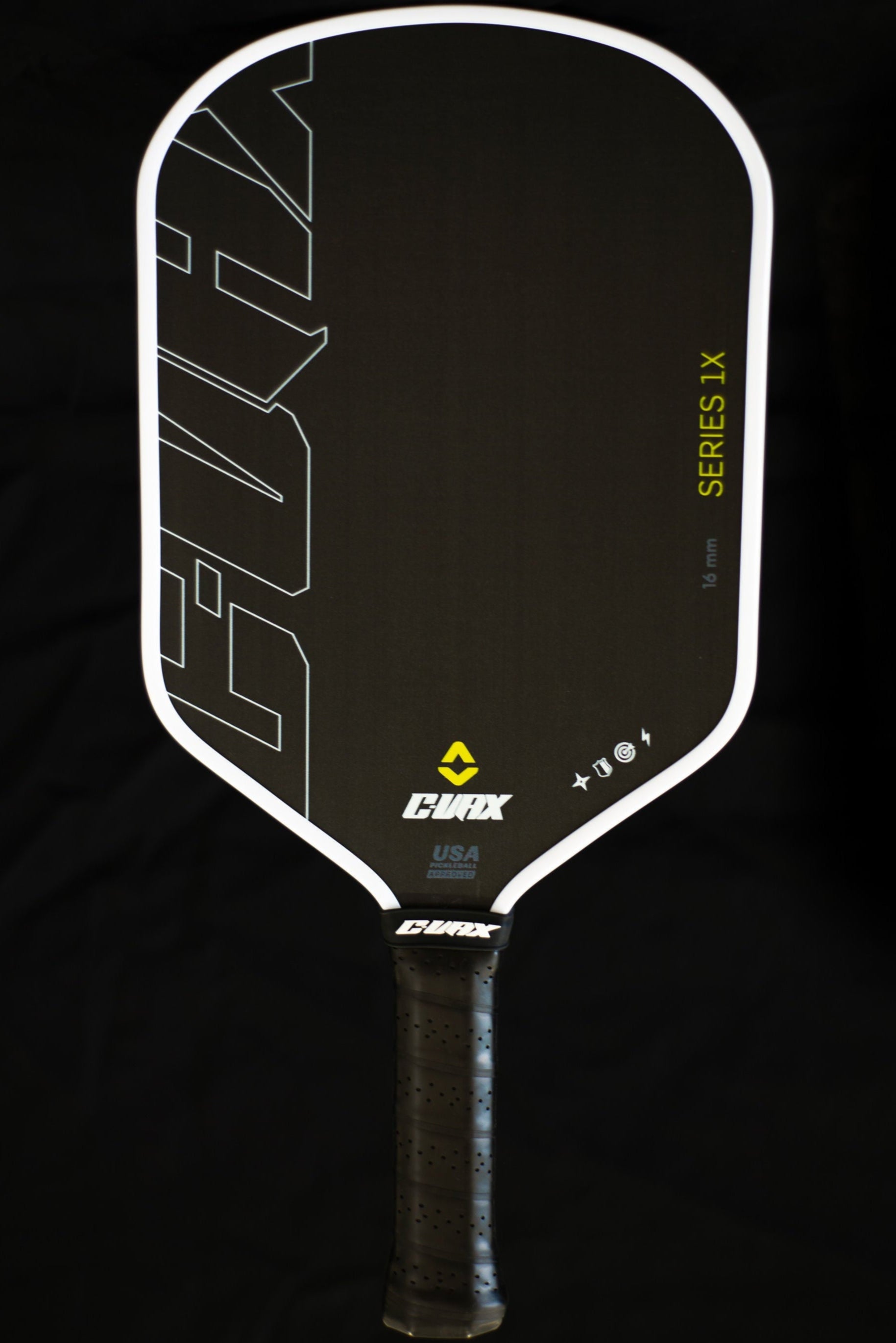Black pickleball paddle with white text on a black background